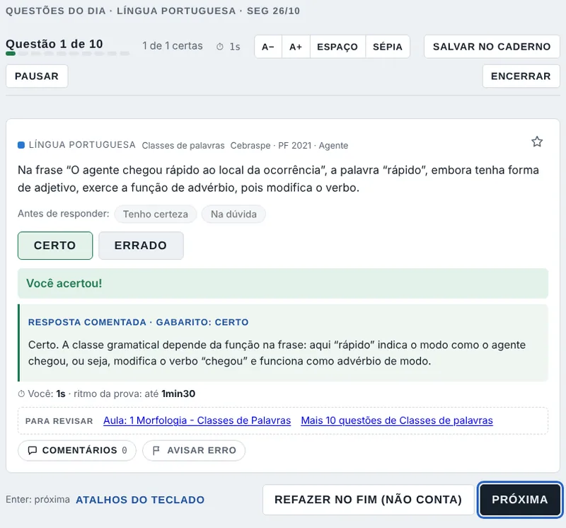 Treino de questões com correção na hora